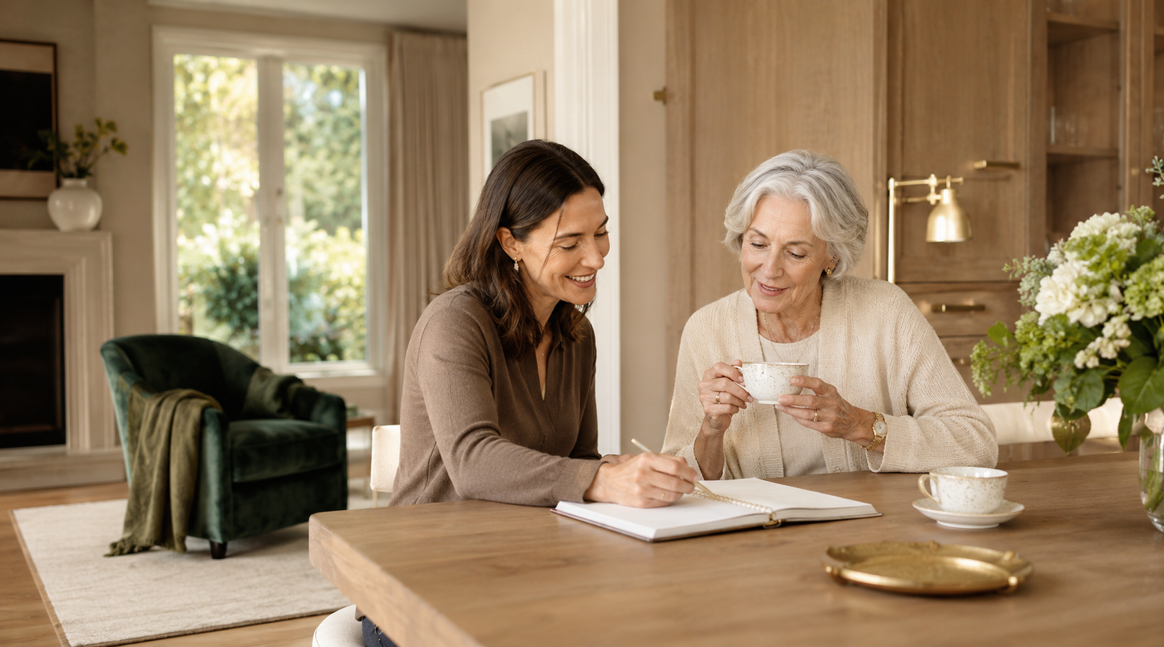 An experienced household assistant and an older homeowner planning the day together in a welcoming Canadian home